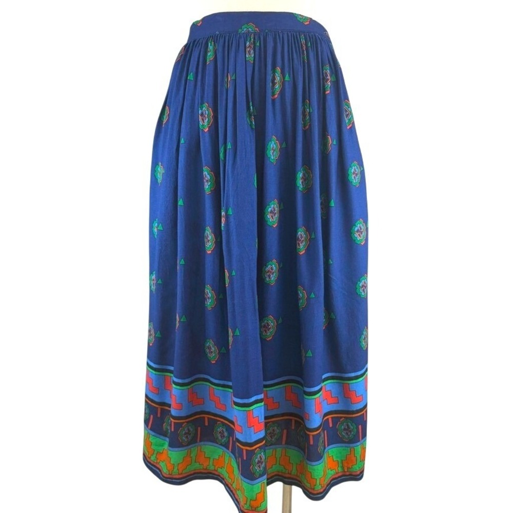Vintage RLM Womens (L) Blue Festival Rayon Pleated Skirt Aztec Blue Pocket Flowy